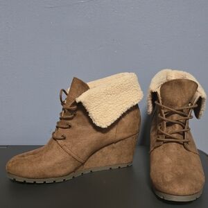 SM New York Brown Faux Suede Wedge Boots
